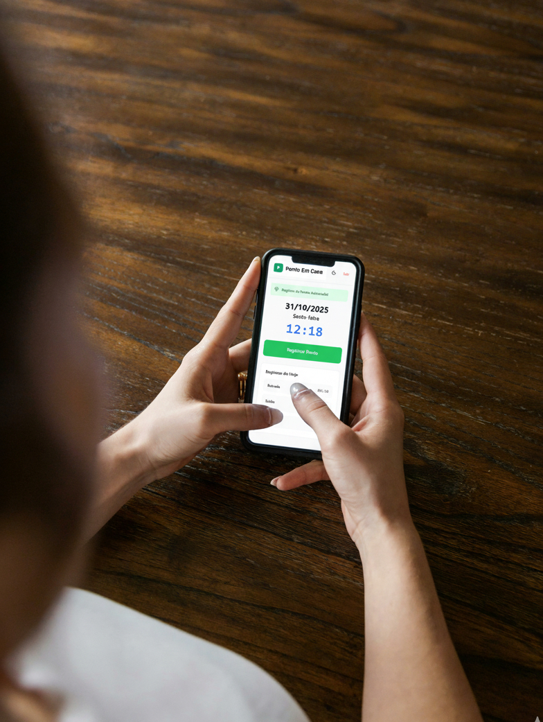 Aplicativo Ponto Em Casa exibindo interface de registro de ponto por QR Code e relatórios em PDF